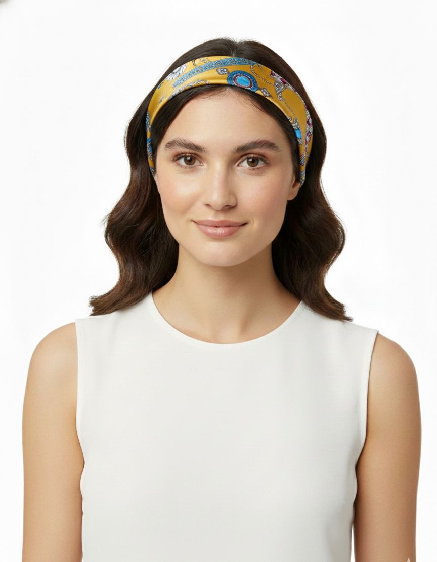 Pañoleta mostaza cordones azules