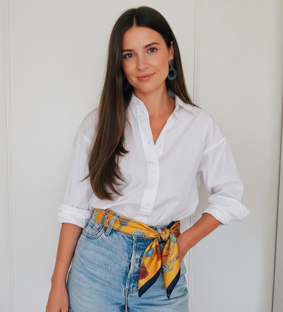 Pañoleta mostaza cordones azules