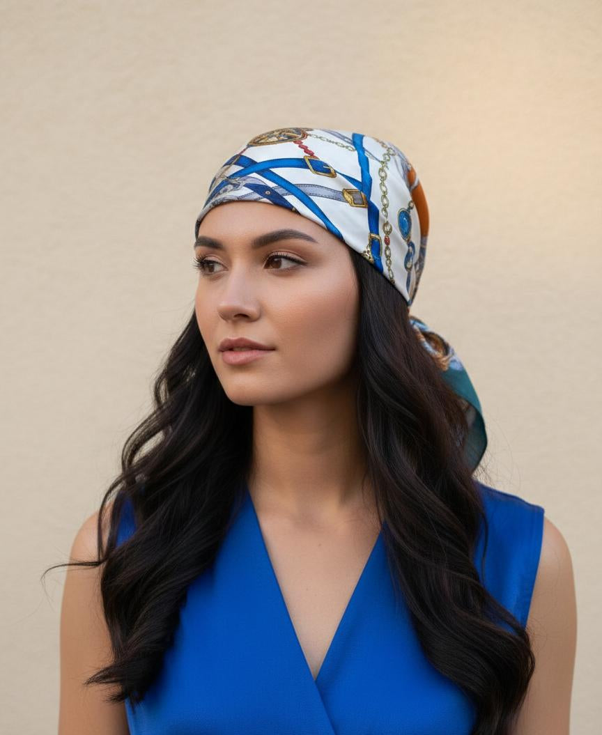 Pañoleta blanca correas azules