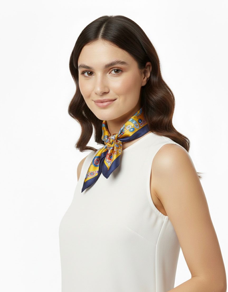 Pañoleta mostaza cordones azules